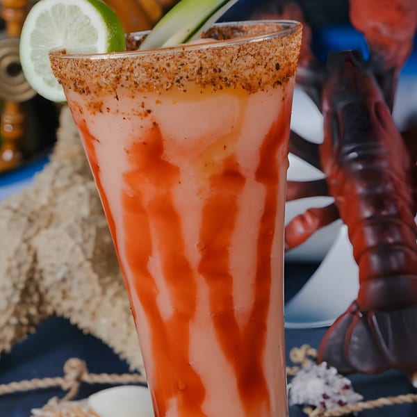 A tall glass of pink drink with red syrup, a spiced rim, and a lime wedge.